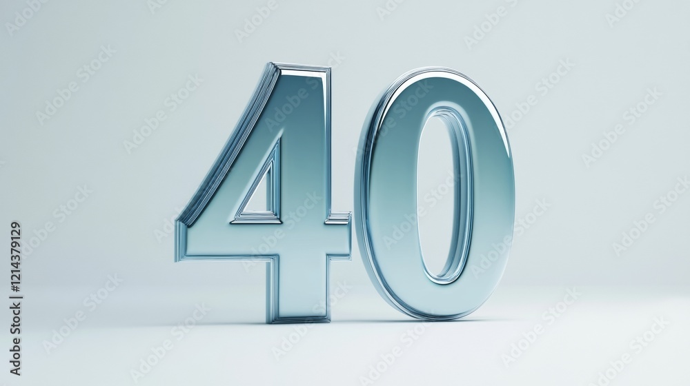 Glossy metallic number 40 reflecting soft light against pristine white surface, creating minimalist geometric design Glossy metallic number 40 reflecting soft light against pristine white surface, creating minimalist geometric design