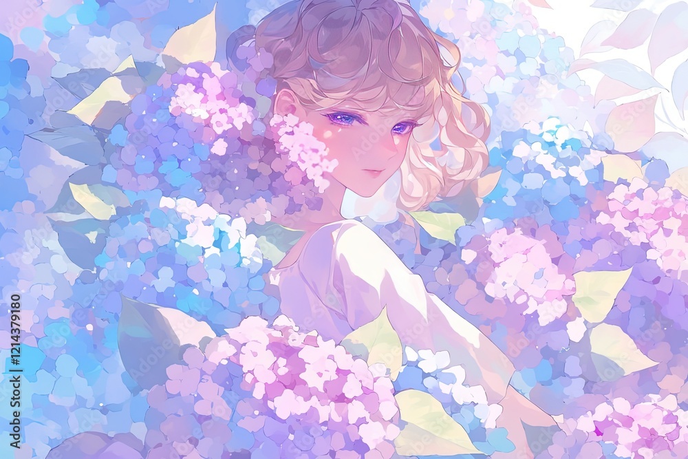 Woman in flowers, blue purple, sunlit, serene background. Use as a digital artwork or poster Woman in flowers, blue purple, sunlit, serene background. Use as a digital artwork or poster