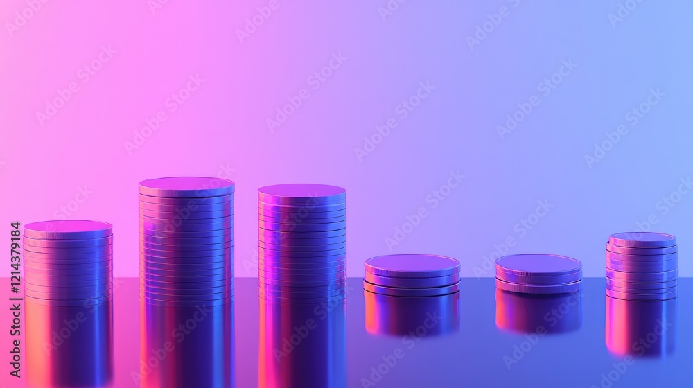 Stacks of coins growing in height, arranged on a reflective surface with a gradient background, symbolizing investment growth. Stacks of coins growing in height, arranged on a reflective surface with a gradient background, symbolizing investment growth.