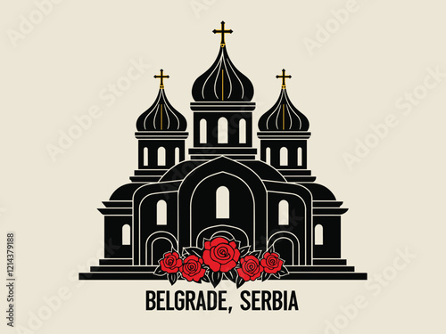 Belgrade Serbia Skyline with Church of Saint Sava and Red Roses Vector Illustration