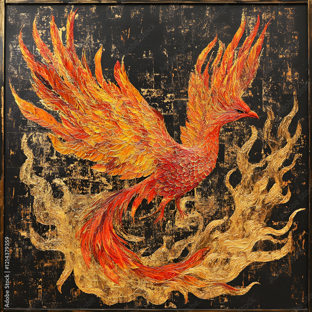 Fototapeta premium Phoenix Rising: A vibrant and intricately detailed painting depicting a majestic phoenix in flight, its fiery plumage blazing against a rich, black canvas.
