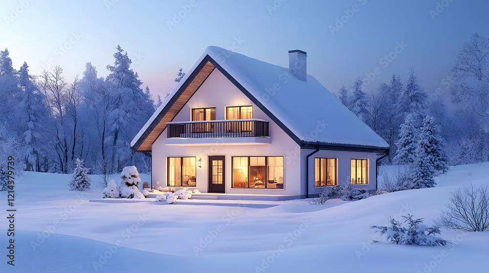 Cozy Winter House in Snowy Landscape at Dusk Cozy Winter House in Snowy Landscape at Dusk