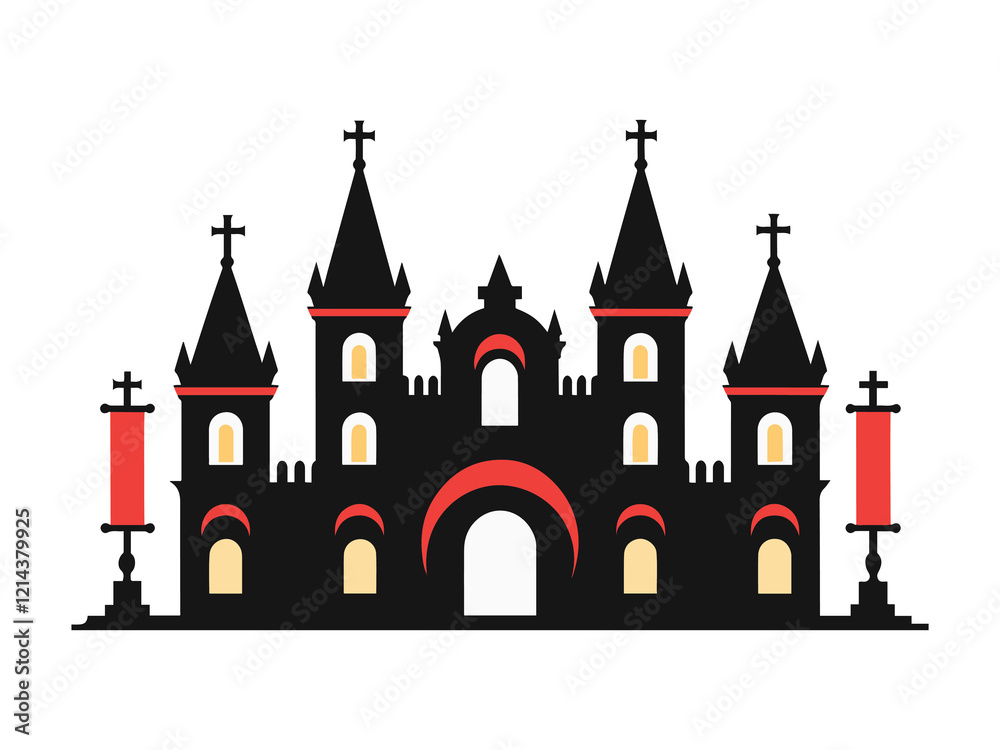Obraz premium Castle Skyline with Red Banners and Light Accents Vector Illustration