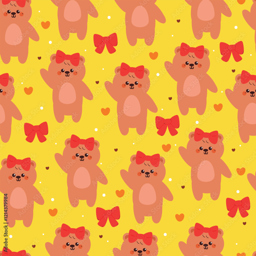 Naklejka premium seamless pattern cartoon bear with big red bow. cute animal wallpaper for fabric print, gift wrap paper