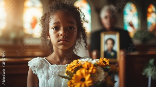 A young girl stands somberly in a church, holding a bright bouquet of flowers, representing a moment of remembrance while evoking deep emotions of loss and connection. photo