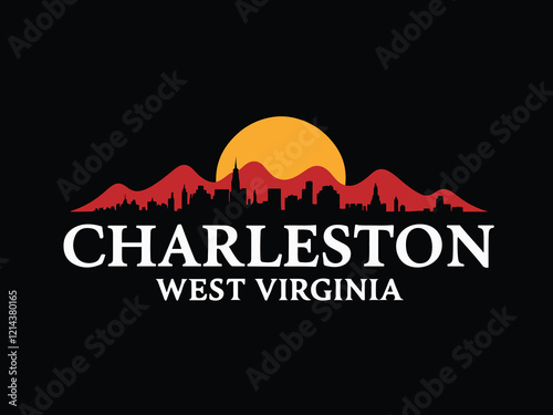 Charleston West Virginia Skyline with New River Gorge Bridge and Appalachian Mountains Vector Illustration