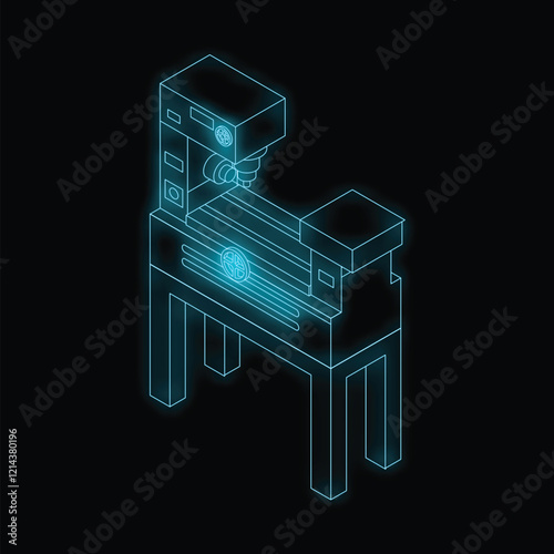 Neon blue isometric milling machine glowing on black background representing modern manufacturing process