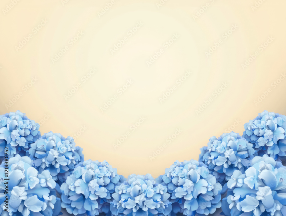 Soft Crescent of Blue Hydrangeas Curving Along a Sandy Beige Background Soft Crescent of Blue Hydrangeas Curving Along a Sandy Beige Background