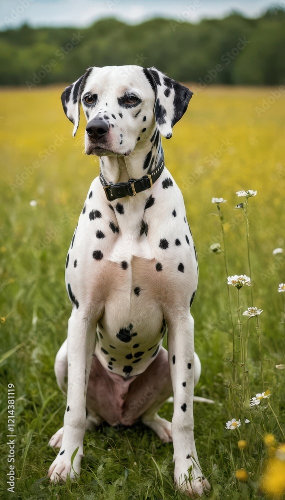 Iconic Dalmatian with its distinctive black spots standing in a serene field, embodying grace and energy Iconic Dalmatian with its distinctive black spots standing in a serene field, embodying grace and energy