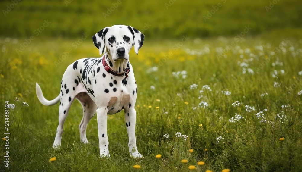 Beautiful spotted Dalmatian enjoying a sunny day in the park, surrounded by wildflowers and lush greenery Beautiful spotted Dalmatian enjoying a sunny day in the park, surrounded by wildflowers and lush greenery