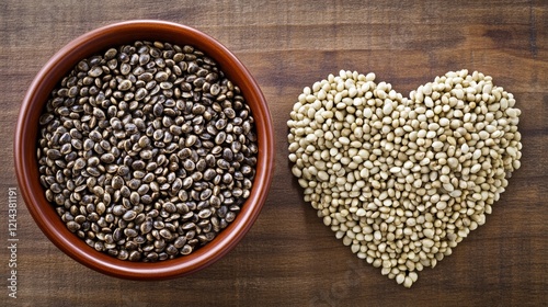 Bowl of beans and a bowl of beans with a heart shape on top.