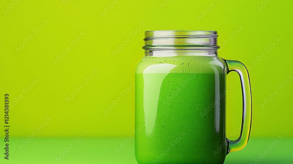 Green smoothie in a glass mug on a green background. The smoothie is full and the mug is almost full as well Green smoothie in a glass mug on a green background. The smoothie is full and the mug is almost full as well