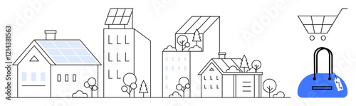 Homes and buildings equipped with solar panels. Trees and shrubs surrounding structures. Shopping cart and blue handbag. Ideal for eco-living, renewable energy, shopping themes, sustainability, urban