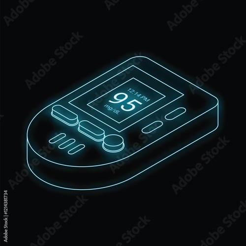 Neon blue contour of a glucometer showing blood glucose level on a black background, isometric view