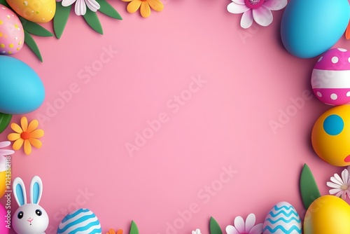 Pink background with a frame of flowers and eggs. The frame is pink and the eggs are in various colors