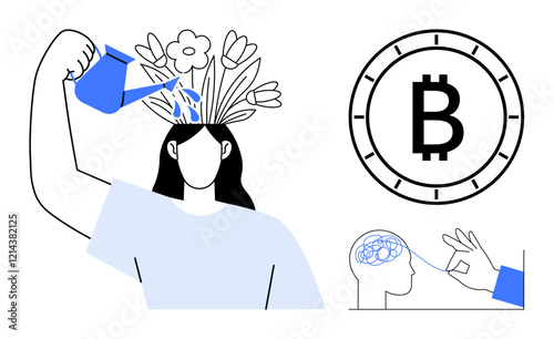 Woman watering flower-filled head, Bitcoin symbol, hand adjusting neural connections. Ideal for personal growth, investment, mental health, finance, technology, education, creativity. Line metaphor