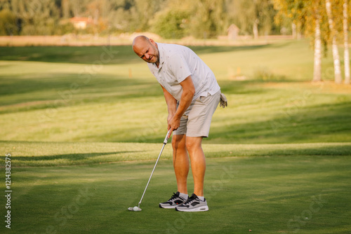 A man concentrating while putting on a golf course surrounded by lush greenery on a sunny day.