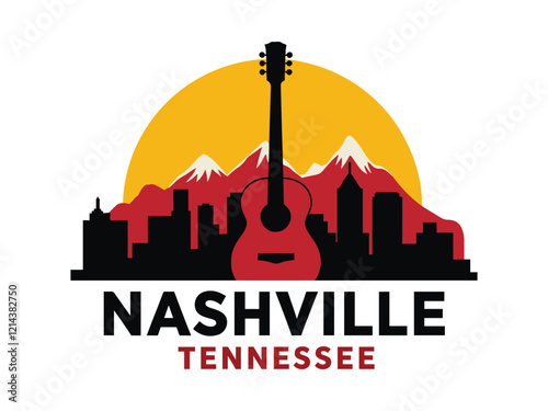 Nashville Tennessee Skyline with Guitar Silhouette and Great Smoky Mountains