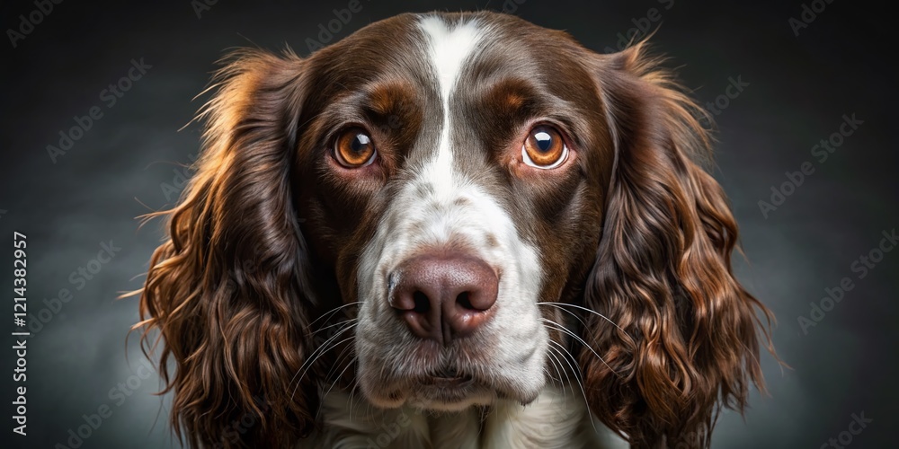 Liver & White Springer Spaniel Macro Portrait, Dark Grey Background Liver & White Springer Spaniel Macro Portrait, Dark Grey Background