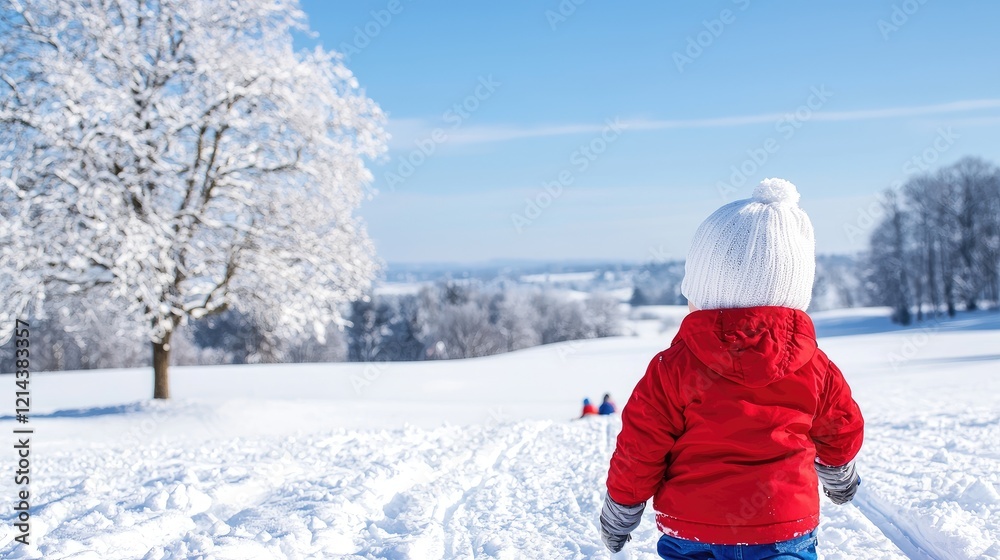 Toddler sledding snowy hill, winter landscape background, family fun, winter activity Toddler sledding snowy hill, winter landscape background, family fun, winter activity