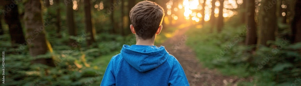 Teenager walking on a forest path at sunset young boy in blue hoodie enjoying nature Teenager walking on a forest path at sunset young boy in blue hoodie enjoying nature