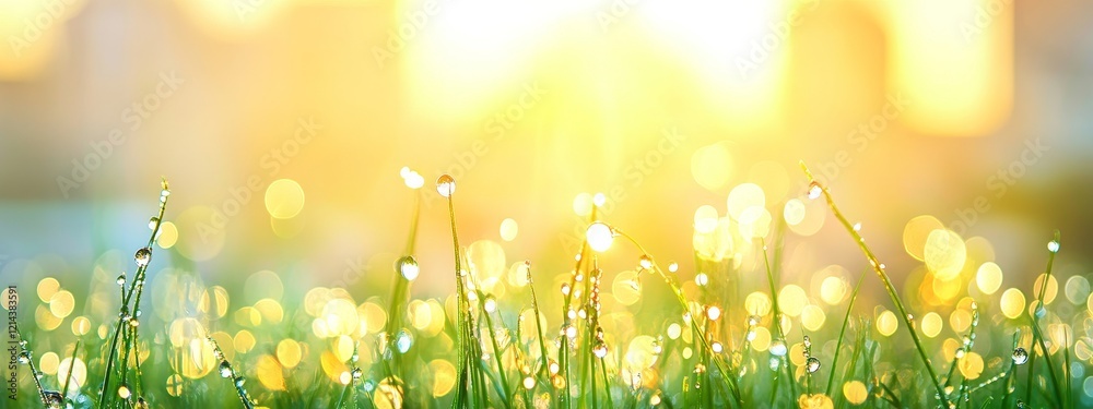 Obraz premium Beautiful Green Grass with Dew Drops, Sunlight Shining Through Trees onto a Large Lawn in Front of an Office Building, Highlighting Urban Green Spaces and Sustainability.