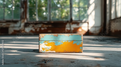 An aged box with blue and yellow peeling paint rests in an abandoned room, echoing the passage of time and evoking sensations of nostalgia and storytelling. photo