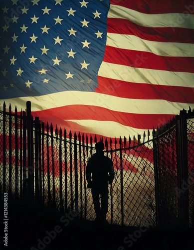 Conceptual background image showing a border wall or fence in silhouette in front of the American flag.