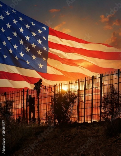 Conceptual background image showing a border wall or fence in silhouette in front of the American flag.