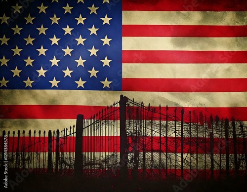 Conceptual background image showing a border wall or fence in silhouette in front of the American flag.
