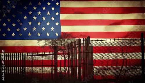 Conceptual background image showing a border wall or fence in silhouette in front of the American flag.