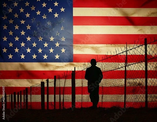 Conceptual background image showing a border wall or fence in silhouette in front of the American flag.