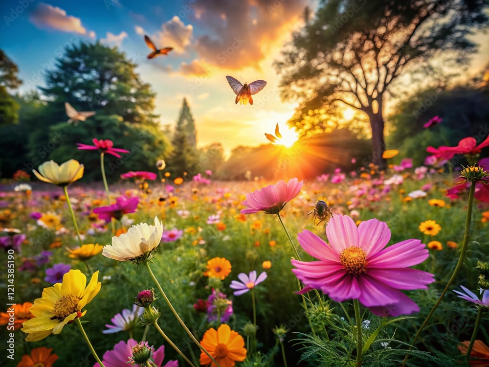 Fototapeta premium Long Exposure: Vibrant Flowers & Insects in a Sunlit Park