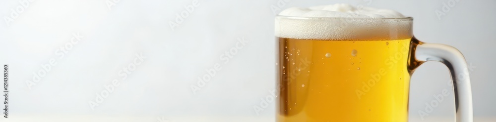 Close-up of foamy beer in a mug on white surface, close-up, foam, beer Close-up of foamy beer in a mug on white surface, close-up, foam, beer