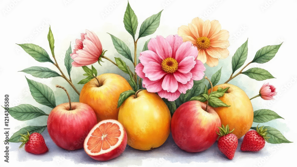 Bright watercolor still life with flowers and fruits Bright watercolor still life with flowers and fruits