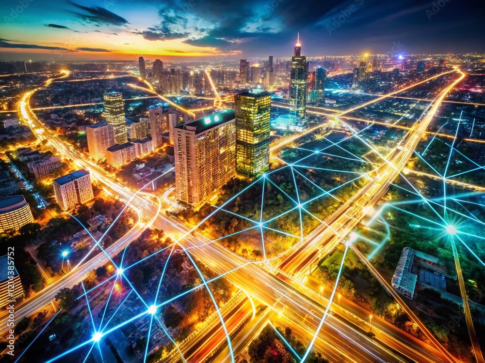 Fototapeta premium Long Exposure City Lights Blurred Planning Map Night