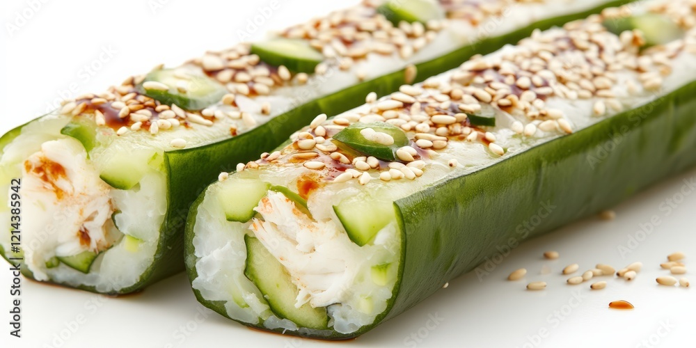 Fresh low-carb sushi rolls wrapped in cucumber, filled with avocado, crab, and cream cheese, garnished with sesame seeds and soy sauce Fresh low-carb sushi rolls wrapped in cucumber, filled with avocado, crab, and cream cheese, garnished with sesame seeds and soy sauce