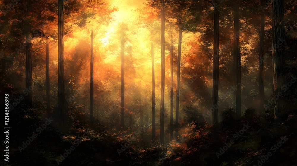 Fototapeta premium Golden Autumn Forest Sunlight