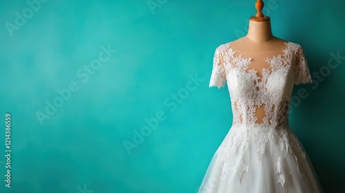 A beautiful bridal gown with intricate lace detailing and short sleeves showcased on a dress form against a turquoise background, ideal for wedding fashion.