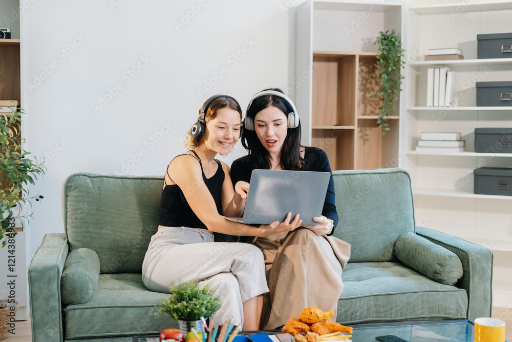 Obraz premium Remote Learning. Motivated Two Women Studying Online with Headphones.