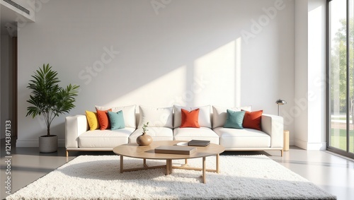 A cozy corner featuring a plush white rug beneath a rustic wooden coffee table adorned with a vibrant plant vase, an open book, and a sleek laptop, all framed by inviting interior elements beyond photo