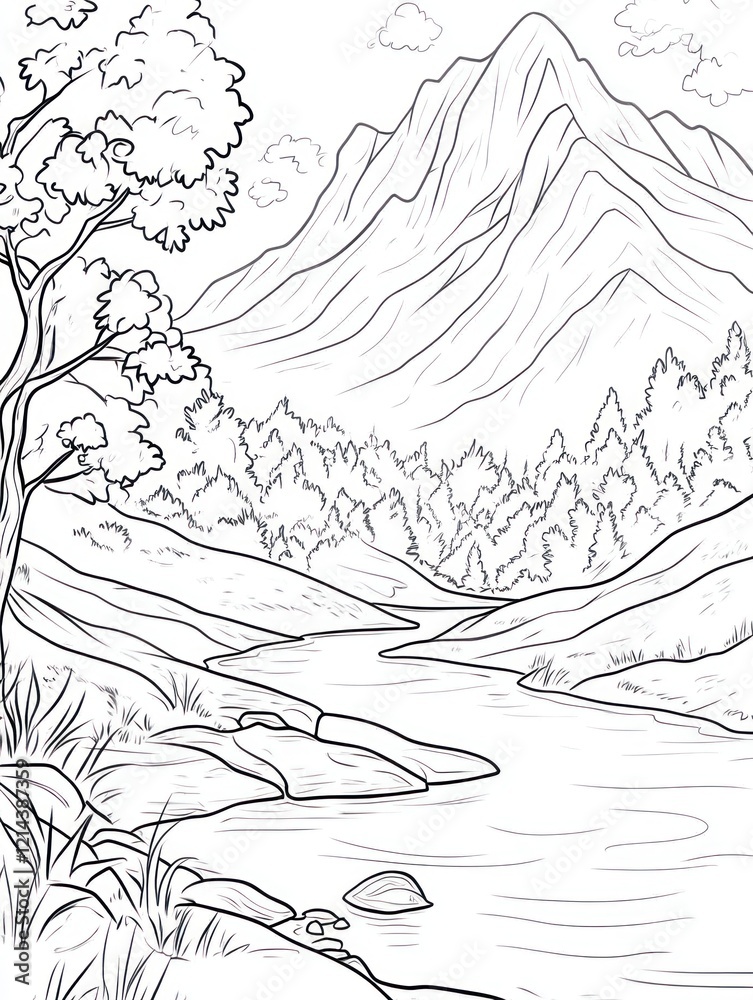 Serene Mountain River Landscape Coloring Page Serene Mountain River Landscape Coloring Page