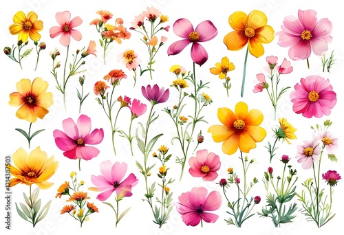 Vibrant watercolor illustration showcasing a diverse array of cosmos flowers in full bloom