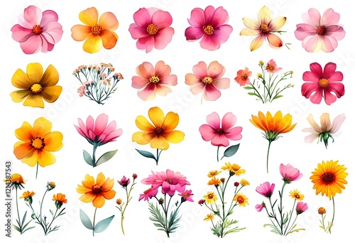 Vibrant watercolor illustration showcasing a diverse array of cosmos flowers in full bloom