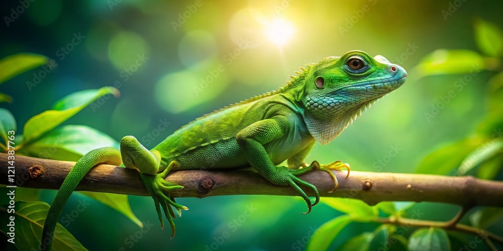 Fototapeta premium Long Exposure Photo of a Lizard on a Branch in a Lush Green Room