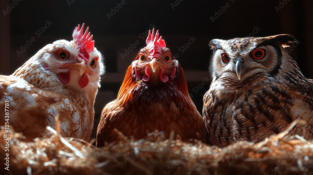 Naklejka premium An enchanting image presenting three beautifully colored birds amid rustic hay, portraying their close bond and the warmth of their natural habitat in a cozy setting.