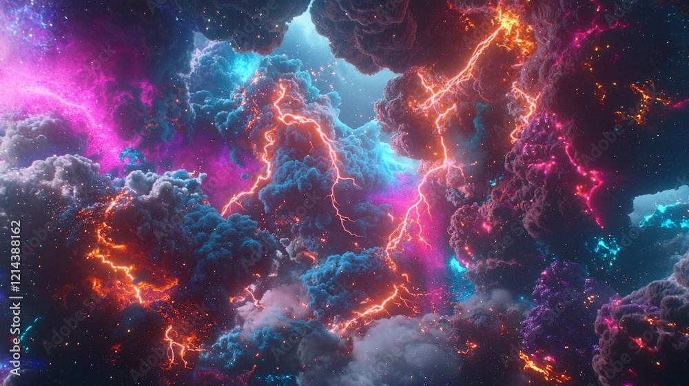 Fototapeta premium Abstract cosmic cloudscape with vibrant lightning.