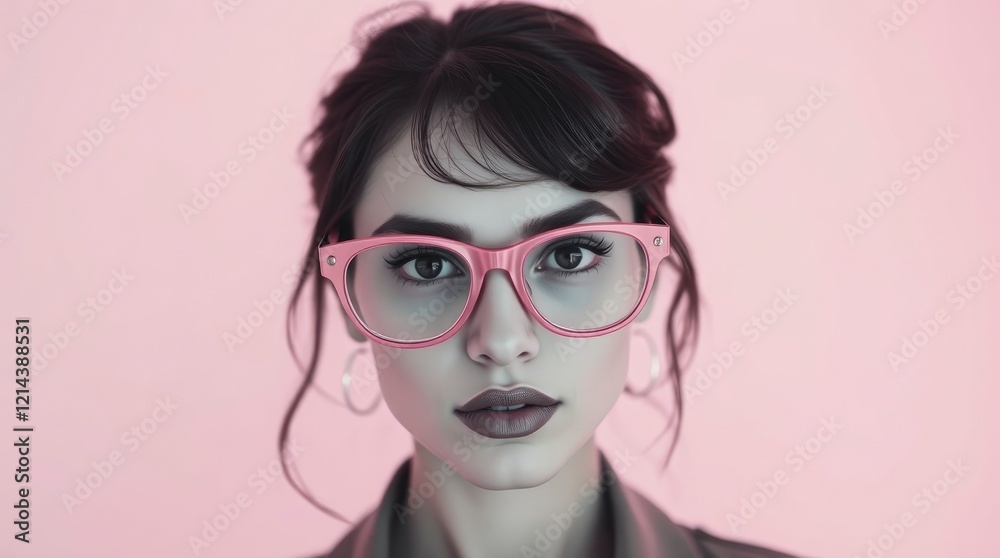 Portrait, young woman, pink glasses, dark hair, bangs, updo, retro style, pink background, high contrast, vibrant lipstick, minimalist, fashion illustration, digital art, pop art influence, graphic