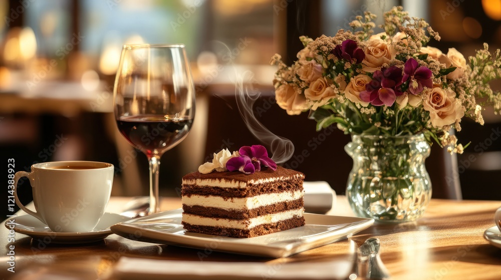 Coffee, wine, cake, flowers, restaurant, romantic date Coffee, wine, cake, flowers, restaurant, romantic date