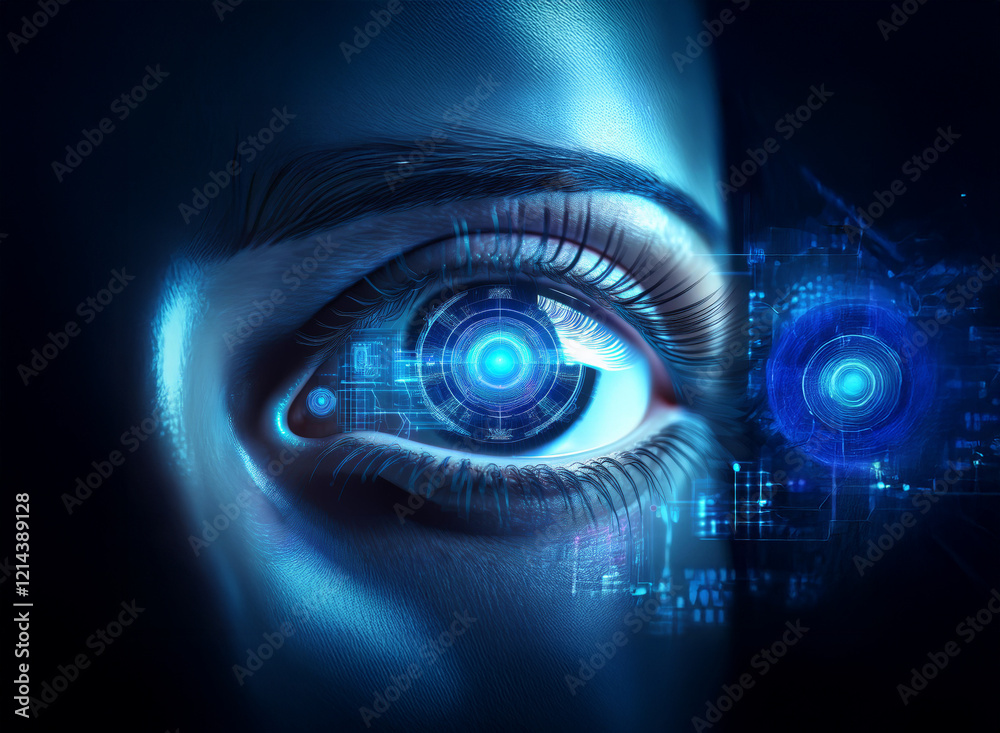 Close-up of a futuristic eye, glowing blue, with integrated digital circuitry. The image suggests technological advancement and bio-integration. Close-up of a futuristic eye, glowing blue, with integrated digital circuitry. The image suggests technological advancement and bio-integration.